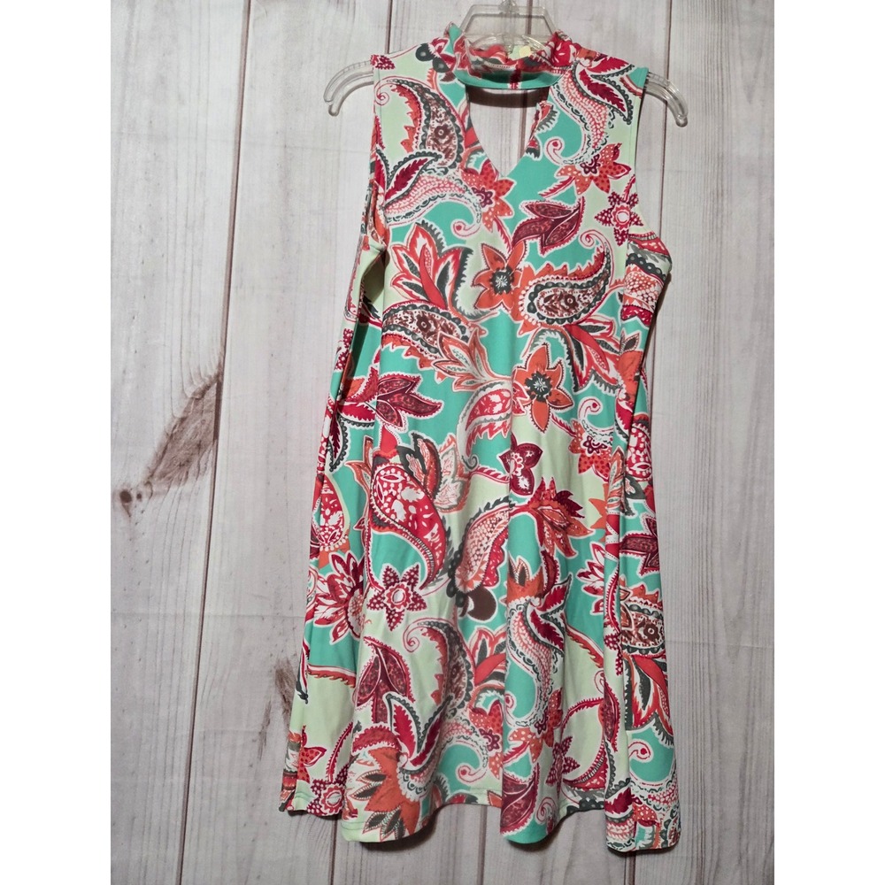 Aryeh Womens Paisley Mock Neck Keyhole Sleeveless Shift Dress‎ Multicolor Size M